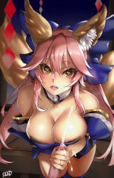 Rule 34 | 1girl, animal ears, bare shoulders, black background, breasts, cum, ejaculation, fate (series), fox ears, fox tail, handjob, heart, heart-shaped pupils, large breasts, long hair, looking at viewer, penis, pink hair, solo focus, symbol-shaped pupils, tail, tamamo (fate), tamamo no mae (fate/extra), uncensored, viola (seed)
