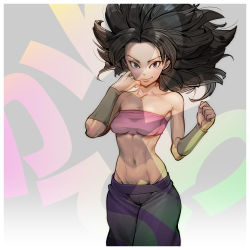 Rule 34 | 10s, 1girl, abs, bare shoulders, black eyes, black hair, blush, breasts, caulifla, dragon ball, dragon ball super, long hair, looking at viewer, medium breasts, midriff, navel, simple background, smile, solo, standing, strapless, supobi, tube top