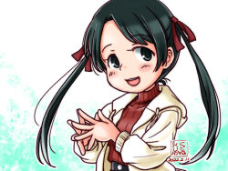 Rule 34 | 1girl, artist logo, beige jacket, belt, black eyes, black hair, commentary request, dated, fingers together, kantai collection, kutone shirika, long hair, looking at viewer, mikuma (kancolle), official alternate costume, red sweater, ribbed sweater, smile, solo, sweater, twintails, upper body