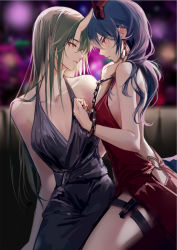 Rule 34 | 2girls, arknights, backless dress, backless outfit, bare arms, bare shoulders, black dress, blue hair, blurry, bokeh, breasts, ch&#039;en (arknights), clouble, cocktail dress, cuffs, depth of field, dragon horns, dress, green hair, handcuffs, horns, hoshiguma (arknights), looking at another, medium breasts, multiple girls, profile, red eyes, single horn, skin-covered horns, sleeveless, sleeveless dress, thigh strap, yuri