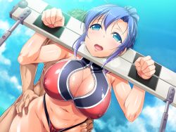 Rule 34 | 1girl, ajishio, armpits, bent over, blue eyes, blush, breasts, cleavage, clothed female nude male, covered erect nipples, day, embarrassed, from below, game cg, hair between eyes, hands up, large breasts, legs, looking at viewer, navel, nude, original, outdoors, pillory, ponytail, public use, purple hair, restrained, sakogawa yuuki, sex, sky, standing, sweat, thighs, thong, vaginal, venus resort kyonyuu rankou island, zipper