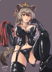 Rule 34 | 1girl, alternate costume, animal ears, bare shoulders, blonde hair, boots, breasts, brown eyes, brown hair, cameltoe, colored inner hair, corset, crotch seam, dominatrix, elbow gloves, extra ears, fangs, finger to mouth, foot up, foreshortening, from below, garter straps, gloves, grey hair, hair between eyes, hands up, hibax-fre, holding, holding whip, hyena ears, hyena girl, hyena tail, kemono friends, large breasts, latex, latex boots, latex corset, latex gloves, latex panties, light smile, long hair, looking at viewer, looking down, multicolored hair, navel, panties, parted lips, riding crop, shiny clothes, sidelocks, simple background, solo, spotted hyena (kemono friends), stomach, strapless, tail, thigh boots, thighhighs, underbust, underwear, very long hair, whip