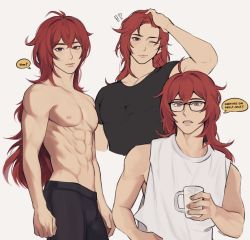 Rule 34 | 1boy, abs, alternate costume, black shirt, boxers, contemporary, cup, diluc (genshin impact), english text, genshin impact, glasses, highres, holding, holding cup, izeichan, long hair, male focus, male underwear, mug, multiple views, one eye closed, red eyes, red hair, shirt, speech bubble, topless male, underwear, white background, white shirt
