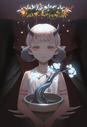 Rule 34 | 1boy, 1girl, bonsai, closed mouth, eyelashes, glowing, halo, holding, holding plant, horns, looking at viewer, monokubo, original, plant, pointy ears, potted plant, red eyes, short hair, solo focus, spikes, white hair