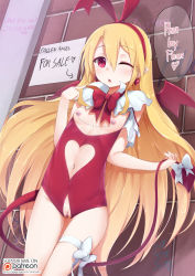 Rule 34 | 1girl, bat wings, blonde hair, blush, bow, clitoris piercing, clothing cutout, crotchless, demon girl, demon tail, demon wings, disgaea, earrings, english text, flat chest, flonne, flonne (fallen angel), for sale, functionally nude, hairband, heart, heart cutout, heart earrings, highres, jewelry, linked piercing, linked piercings, long hair, navel, navel cutout, navel piercing, nipple piercing, nipple rings, nipples, one eye closed, outdoors, patreon username, piercing, pointy ears, prostitution, pubic cutout, pussy, pussy piercing, red eyes, tail, tail bow, tail ornament, thigh gap, thigh strap, uncensored, vahn yourdoom, wings, wink