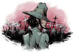 Rule 34 | 1boy, beard, black hair, border, closed mouth, covered eyes, cropped torso, cross, facial hair, from behind, graveyard, green hat, green jacket, hat, jacket, jigen daisuke, latin cross, long sleeves, lupin iii, male focus, outdoors, red background, short hair, solo, tombstone, touka (akira nogi), upper body, white border