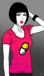 Rule 34 | 1girl, black hair, chris re5, eyebrows, eyelashes, female focus, gradient background, hand on own head, highres, lipstick, makeup, mole, original, red lips, shirt, signature, solo, t-shirt, upper body, wristband, yellow eyes