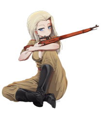 Rule 34 | 1girl, absurdres, artist name, black footwear, blonde hair, blue eyes, bolt action, boots, breasts, brown jacket, brown pants, brown shirt, clara (girls und panzer), cleavage, closed mouth, full body, girls und panzer, gun, highres, holding, holding gun, holding weapon, jacket, long hair, looking at viewer, medium breasts, military, military uniform, pants, rifle, scope, shirt, signature, simple background, sitting, sleeves rolled up, smile, solo, uniform, weapon, white background, ydg (eorbsaos1004)