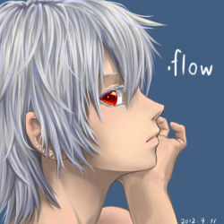 Rule 34 | .flow, 1girl, copyright name, ear piercing, expressionless, head rest, piercing, portrait, red eyes, sabitsuki, short hair, solo, white hair