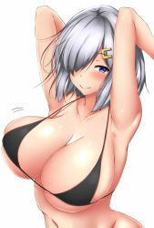 Rule 34 | 1girl, armpits, arms behind head, bad id, bad pixiv id, bikini, black bikini, blue eyes, blush, breasts, cleavage, collarbone, hair ornament, hair over one eye, hairclip, hamakaze (kancolle), highres, kantai collection, large breasts, looking at viewer, short hair, silver hair, simple background, skindentation, smile, solo, swimsuit, terakoya, upper body, white background