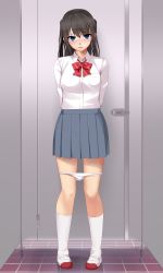 Rule 34 | 1girl, arms behind back, black hair, blue eyes, blurry, blurry background, blush, bow, bowtie, breast pocket, collared shirt, eto, full body, grey skirt, groin, highres, indoors, kneehighs, long sleeves, looking at viewer, miniskirt, original, panties, panty pull, parted lips, pleated skirt, pocket, pov, restroom, school uniform, shirt, shoes, skirt, socks, solo, standing, striped bow, striped bowtie, striped clothes, striped neckwear, tile floor, tiles, toilet stall, two side up, underwear, uwabaki, white panties, white shirt, white socks, wing collar