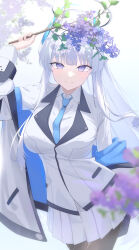 Rule 34 | 1girl, black pantyhose, blue archive, blue necktie, branch, flower, foforo, formal, grey hair, halo, headgear, highres, id card, jacket, jacket partially removed, mechanical halo, necktie, noa (blue archive), pantyhose, purple eyes, skirt, solo, suit, two-sided fabric, two-sided jacket, white hair, white halo, white jacket, white skirt, white suit