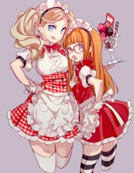 Rule 34 | 10s, 2girls, apron, bad id, bad twitter id, blue eyes, glasses, highres, long hair, maid apron, maid headdress, mokumokku11, multiple girls, open mouth, persona, persona 5, sakura futaba, striped clothes, striped thighhighs, takamaki anne, thighhighs, twintails