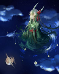 Rule 34 | 1girl, cloud, ex-keine, expressionless, closed eyes, flower, from above, full body, full moon, ginryuu, green hair, hair flower, hair ornament, highres, horn ornament, horn ribbon, horns, japanese clothes, kamishirasawa keine, kimono, kneeling, kneeling on water, long hair, looking up, moon, multicolored hair, night, night sky, obi, petals, reflection, ribbon, ripples, sash, sky, sleeves past wrists, solo, star (sky), starry sky, streaked hair, touhou, very long hair, wading, water, white hair, wide sleeves