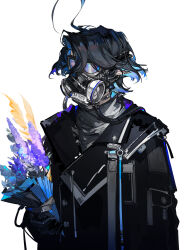 Rule 34 | 1boy, absurdres, ahoge, arknights, black coat, black gloves, blue hair, bouquet, coat, dongsheng, earrings, flower, gloves, goggles, grey sweater, highres, holding, holding bouquet, jewelry, looking at viewer, lumen (arknights), male focus, pointy ears, pouch, respirator, simple background, solo, strap, sweater, upper body, white background