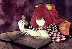 Rule 34 | 1girl, bell, book, checkered clothes, checkered kimono, closed mouth, cup, expressionless, glasses, hair bell, hair between eyes, hair ornament, highres, holding, holding cup, japanese clothes, jingle bell, kimono, miazuma sarin, motoori kosuzu, open book, purple background, red eyes, red hair, short hair, solo, third-party source, touhou, two side up, upper body
