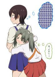 Rule 34 | 10s, 2girls, blush, brown eyes, brown hair, constricted pupils, from behind, green eyes, hair ornament, hair ribbon, hamaguri (hamaguri1234), hug, hug from behind, japanese clothes, kaga (kancolle), kantai collection, long hair, multiple girls, pleated skirt, profile, ribbon, short hair, side ponytail, simple background, skirt, sweat, translated, twintails, white background, yuri, zuikaku (kancolle)