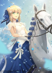 Rule 34 | 1girl, 2020, ahoge, artist name, artoria pendragon (all), artoria pendragon (fate), blonde hair, blue flower, blue rose, breasts, dated, dress, fate/grand order, fate (series), flower, gloves, green eyes, hair bun, highres, horse, looking at viewer, official alternate costume, open mouth, riding, rose, saber (fate), single hair bun, sleeveless, small breasts, smile, solo, tongue, toyoyuki, twitter username, watermark