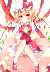 Rule 34 | 1girl, blonde hair, blush, commentary request, crystal, dress, flandre scarlet, full body, gift, hair between eyes, hat, hat ribbon, heart, heart-shaped pupils, heart background, heart-shaped pillow, highres, holding, holding gift, knees together feet apart, looking at viewer, medium hair, miy@, mob cap, panties, pantyshot, pillow, red dress, red eyes, red ribbon, ribbon, ribbon-trimmed dress, side ponytail, sitting on pillow, smile, solo, star (symbol), star print, symbol-shaped pupils, touhou, underwear, valentine, white panties, wings
