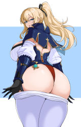 Rule 34 | 1girl, absurdres, ass, blonde hair, blue eyes, breasts, curvy, genshin impact, hella p, highres, huge ass, huge breasts, jean (genshin impact), large breasts, long hair, looking at viewer, looking back, open mouth, ponytail, solo, undressing, wide hips