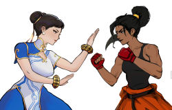 Rule 34 | 2girls, absurdres, apex legends, bandaid, bandaid on face, bandaid on nose, black hair, black lips, black tank top, blue dress, bracelet, brown eyes, capcom, china dress, chinese clothes, chun-li, clenched hand, collarbone, commentary, crossover, dark-skinned female, dark skin, double bun, dress, earrings, english commentary, eyebrow cut, eyeshadow, facial mark, fighting stance, fingerless gloves, forehead mark, gloves, hair behind ear, hair bun, highres, jewelry, jumpsuit, jumpsuit around waist, makeup, multiple girls, nose piercing, nose ring, open hands, orange jumpsuit, peter chai, piercing, ponytail, rampart (apex legends), red eyeshadow, red gloves, street fighter, street fighter 6, tank top, white background