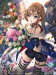 Rule 34 | 1boy, 1girl, birdcage, black hair, blue eyes, bouquet, breasts, brown hair, cage, dated, flower, furyou michi ~gang road~, hair ornament, hairclip, jewelry, looking at viewer, necklace, original, rose, short hair, smile, thighhighs, tob