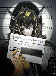 Rule 34 | 1boy, arknights, black headwear, black shirt, candy stick, card, chinese commentary, cyan8626, dragon, food, furry, furry male, gloves, height chart, highres, holding, holding card, holding food, lee (arknights), looking at viewer, male focus, mugshot, multicolored hair, pointy ears, round eyewear, shirt, smile, solo, spotlight, twitter username, yellow gloves