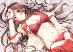 Rule 34 | 1girl, bed, blush, bra, breasts, brown hair, cleavage, closed mouth, clothes pull, embarrassed, feet out of frame, female focus, groin, hand up, harumachi hashira, highres, legs, long hair, looking at viewer, lying, medium breasts, navel, on bed, orange eyes, osanai shiina, panties, petals, red bra, red panties, red skirt, sex and dungeon, skirt, skirt pull, solo, thighs, underwear, undressing