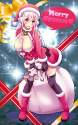 Rule 34 | 1girl, boots, breasts, capelet, christmas, cleavage, dress, fur trim, gloves, hat, headphones, highres, large breasts, long hair, looking at viewer, merry christmas, miniskirt, nitroplus, panties, pantyshot, pink eyes, pink hair, red capelet, red dress, red gloves, red hat, sack, santa boots, santa costume, santa hat, skirt, solo, standing, striped clothes, striped panties, super sonico, underwear, v-mag