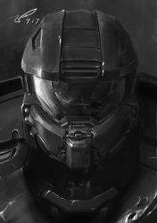 Rule 34 | 1boy, absurdres, armor, assault visor, chinese commentary, dated, greyscale, halo (series), halo 4, helmet, highres, male focus, master chief, monochrome, ningfei xu, power armor, science fiction, signature, solo, spartan (halo)