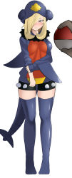 Rule 34 | 1girl, blonde hair, blue hoodie, blue thighhighs, breasts, closed mouth, clothes lift, cosplay, creatures (company), cynthia (pokemon), embarrassed, fins, fish tail, frown, full body, fur collar, game freak, garchomp, garchomp (cosplay), gen 4 pokemon, grey eyes, hair over one eye, hand on own arm, highres, holding, holding poke ball, hood, hoodie, hoodie lift, legs, long hair, long sleeves, looking away, medium breasts, mituyota 76, nintendo, no shoes, orange hoodie, poke ball, poke ball (basic), pokemon, pokemon dppt, pov, shark fin, shark tail, simple background, sleeves pushed up, solo focus, spikes, standing, tail, thighhighs, white background, yellow hoodie
