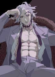 Rule 34 | 1boy, abs, absurdres, alternate costume, blue eyes, choker, expressionless, hades (shuumatsu no valkyrie), hand on own head, highres, jacket, looking at viewer, male focus, muscular, muscular male, necktie, open clothes, open jacket, open shirt, ornament, pants, pectorals, short hair, shuumatsu no valkyrie, solo, tattoo, white hair