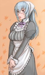 Rule 34 | 00s, 1girl, breasts, cowboy shot, glasses, large breasts, maid, aged up, own hands together, red eyes, rozen maiden, silver hair, solo, suigintou, tsuda nanafushi
