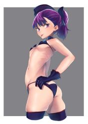 Rule 34 | 1girl, ass, bikini, black bikini, blush, fate/grand order, fate (series), flat chest, from behind, garrison cap, grey background, hat, helena blavatsky (fate), helena blavatsky (swimsuit archer) (fate), helena blavatsky (swimsuit archer) (third ascension) (fate), highres, hotate-chan, looking at viewer, looking back, navel, outside border, ponytail, purple eyes, purple hair, ribs, shiny skin, short hair, simple background, skindentation, skinny, smile, solo, standing, swimsuit, thighhighs