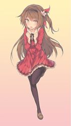 Rule 34 | 1girl, :o, bad id, bad twitter id, black pantyhose, blush, brown eyes, brown hair, gradient background, hairband, leg up, long hair, one side up, pantyhose, pink background, skirt, solo, standing, standing on one leg, very long hair, yellow background, yuran