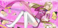 Rule 34 | 1girl, 2017, blonde hair, boots, breasts, c.c., c.c. (cosplay), character name, cheese-kun, code geass, cosplay, dated, detached sleeves, floating hair, green eyes, kurose nao, long hair, long sleeves, looking at viewer, magilou (tales), pink background, purple sleeves, shiny skin, small breasts, solo, sparkle, tales of (series), tales of berseria, thigh boots, thighhighs, tongue, tongue out, very long hair, white footwear