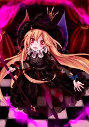 Rule 34 | 1girl, alternate costume, black dress, blush, boots, checkered floor, clownpiece, curtains, dress, facepaint, fairy wings, fangs, from above, full body, hat, highres, jester cap, long hair, long sleeves, looking at viewer, neck ruff, open mouth, orange hair, red eyes, ribbon, sash, see-through, smile, solo, star (symbol), striped, tis (shan0x0shan), touhou, wings