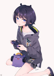Rule 34 | 1girl, absurdres, artist name, black shorts, blue eyes, blunt bangs, blush, breasts, collarbone, commentary, controller, drawstring, english commentary, full body, game controller, grey hood, hair ornament, hairclip, headphones, highres, holding, holding controller, holding game controller, hololive, hololive english, hood, hood down, hoodie, legs, long sleeves, looking at viewer, looking to the side, looking up, lucferz, mole, mole under eye, ninomae ina&#039;nis, ninomae ina&#039;nis (loungewear), on ground, parted lips, pixie cut, playing games, pointy ears, purple footwear, shirt, short hair, short shorts, shorts, signature, simple background, sitting, slippers, small breasts, solo, t-shirt, takodachi (ninomae ina&#039;nis), thighs, virtual youtuber, wariza, white background, white shirt