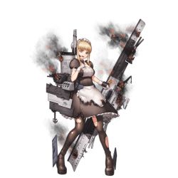 Rule 34 | 1girl, anchor, apron, barrel, blonde hair, blue eyes, brown eyes, burning, burnt clothes, crane (machine), embers, full body, headphones, headset, heterochromia, high heels, maid, maid apron, maid headdress, mecha musume, military, military vehicle, official art, open mouth, pantyhose, remodel (warship girls r), repulse (warship girls r), ship, smoke, smokestack, solo, stmast, thighhighs, torn clothes, torn legwear, transparent background, turret, warship, warship girls r, watercraft