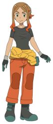 Rule 34 | 1girl, boots, breasts, brown hair, closed mouth, clothes around waist, creatures (company), eyelashes, game freak, gloves, green eyes, green footwear, green gloves, looking at viewer, multicolored hair, nintendo, official art, orange hair, orange pants, orla (pokemon), pants, parted bangs, pokemon, pokemon (anime), pokemon horizons, shirt, short sleeves, sidelocks, smile, solo, split mouth, standing, t-shirt, transparent background, two-tone hair