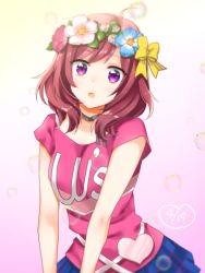 Rule 34 | 10s, 1girl, black ribbon, bow, bubble, choker, cowboy shot, dated, gradient background, hair bow, happy maker!, head wreath, heart, looking at viewer, love live!, love live! school idol festival, love live! school idol project, neck ribbon, nishikino maki, open mouth, purple eyes, red hair, ribbon, ribbon choker, skirt, solo, v arms, yellow bow, yuzucky