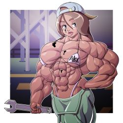 Rule 34 | 1girl, abs, blue eyes, brown hair, devmgf, extreme muscles, female focus, hat, muscular, navel, solo, thong