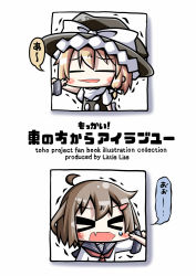 Rule 34 | &gt; &lt;, 10s, 2girls, aoblue, blonde hair, blush, brown hair, cheek pinching, chibi, comic, commentary request, crossover, english text, closed eyes, fang, female focus, hair ornament, hairclip, hat, ikazuchi (kancolle), kantai collection, kirisame marisa, multiple girls, open mouth, pinching, school uniform, sweat, sweatdrop, touhou, translation request, trembling, uniform, upper body, white background