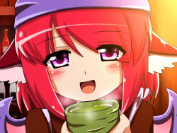 Rule 34 | 1girl, :d, animal ears, blush, close-up, cup, female focus, head scarf, kamelie, mystia lorelei, okamisty, open mouth, pink eyes, red hair, short hair, smile, solo, touhou