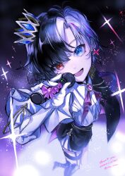 Rule 34 | 1girl, absurdres, black hair, blue eyes, commission, crown, earrings, english text, from above, gloves, heterochromia, highres, holding, holding microphone, idol corp, jewelry, juu ame, long sleeves, looking at viewer, microphone, multicolored hair, open mouth, red eyes, rin penrose, second-party source, short hair, skeb commission, smile, solo, sparkle, virtual youtuber, white hair