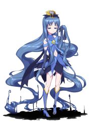 Rule 34 | 1girl, absurdly long hair, absurdres, adjusting hair, bare shoulders, blue eyes, blue hair, boots, bow, clothing cutout, corruption, crack, cure marine, dark persona, dripping, earrings, elbow gloves, flower, full body, gem, gloves, heartcatch precure!, high heels, highres, jewelry, knee boots, kurumi erika, long hair, looking at viewer, magical girl, matatabi (karukan222), navel, navel cutout, precure, simple background, skirt, solo, standing, tiara, very long hair, alternate universe, white background