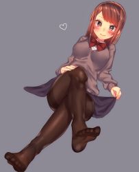 Rule 34 | 1girl, blue skirt, blush, bow, bowtie, breasts, brown eyes, brown hair, brown pantyhose, closed mouth, collared shirt, crossed legs, dutch angle, full body, grey background, grey sweater, heart, highres, long hair, long sleeves, looking at viewer, medium breasts, mozu 1oo, no shoes, pantyhose, red bow, red bowtie, shirt, simple background, skirt, skirt hold, smile, soles, solo, sweater, swept bangs, thighband pantyhose, toenails, white shirt