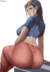 Rule 34 | 1girl, absurdres, arm support, artist name, ass, black hair, black panties, blue eyes, blue shirt, breasts, closed mouth, eyewear on head, from behind, highres, huge ass, large breasts, looking at viewer, midriff, nico robin, one piece, panties, shexyo, shirt, short hair, short sleeves, sideboob, simple background, sitting, solo, sunglasses, thong, underwear, white background