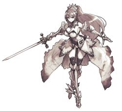 Rule 34 | 1girl, armor, bare shoulders, belt, belt buckle, black legwear, breasts, buckle, cleavage, dress, earrings, gauntlets, greaves, holding, holding sword, holding weapon, jewelry, knight, large breasts, long hair, monochrome, oversized clothes, ponytail, princess battle royale, shoes, smile, sword, tiara, tsuyoshi takaki, weapon, winged footwear, wings