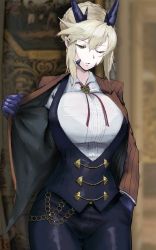 Rule 34 | 1girl, alternate costume, arqodeon, artoria pendragon (fate), artoria pendragon (lancer alter) (fate), artoria pendragon (lancer alter) (formal dress) (fate), blue gloves, blue pants, bra visible through clothes, braid, breasts, brown coat, coat, collared shirt, crown braid, fate/grand order, fate (series), gloves, hand in pocket, horns, large breasts, one eye closed, open clothes, open coat, pants, platinum blonde hair, red neckwear, see-through, shirt, sidelocks, vest, white shirt, yellow eyes